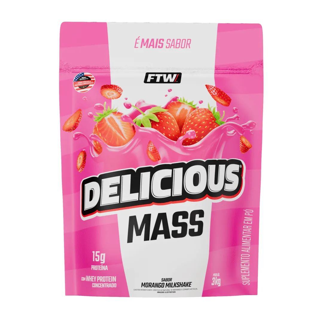 Hipercalórico Delicious MASS Morango Milk Shake 3kg - FTW